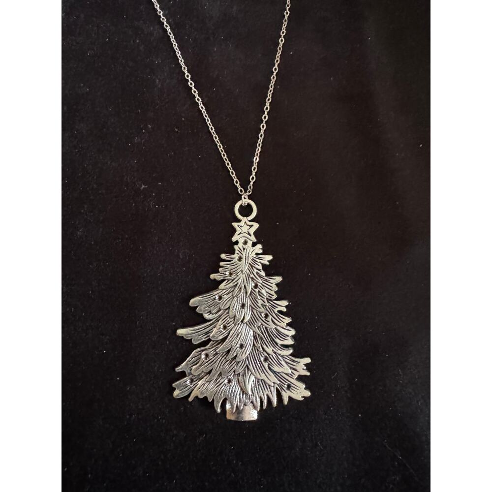 Silver Christmas Tree Necklace Holiday Pendant Necklace 16-18” Chain N251